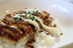 Crumbed chicken crispy fried, served on rice and topped with a swirl of mayonnaise