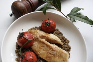 Pan fried fish with lentils