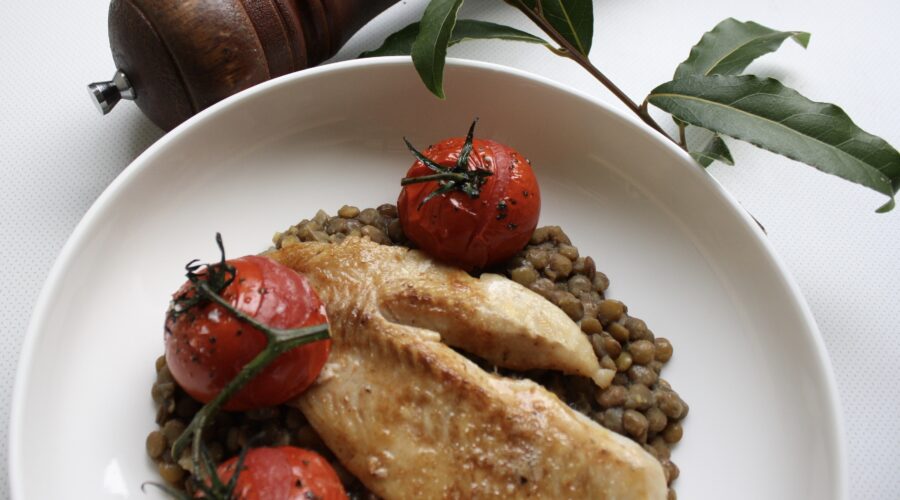 Pan fried fish with lentils