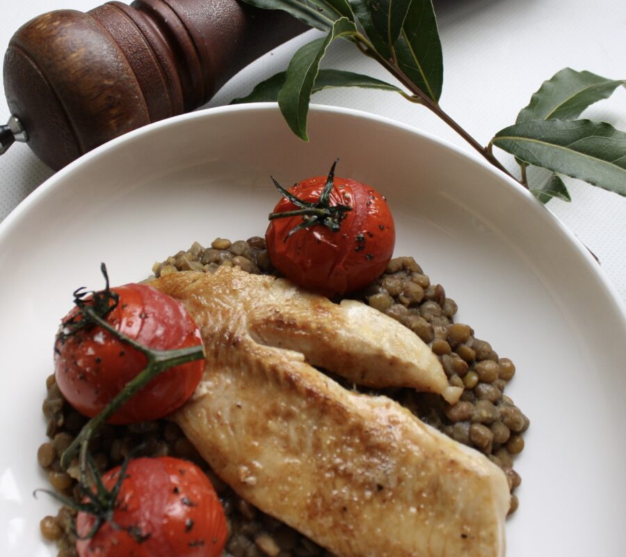 Pan fried fish with lentils