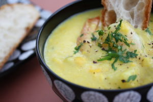 Corn chowder with prawns