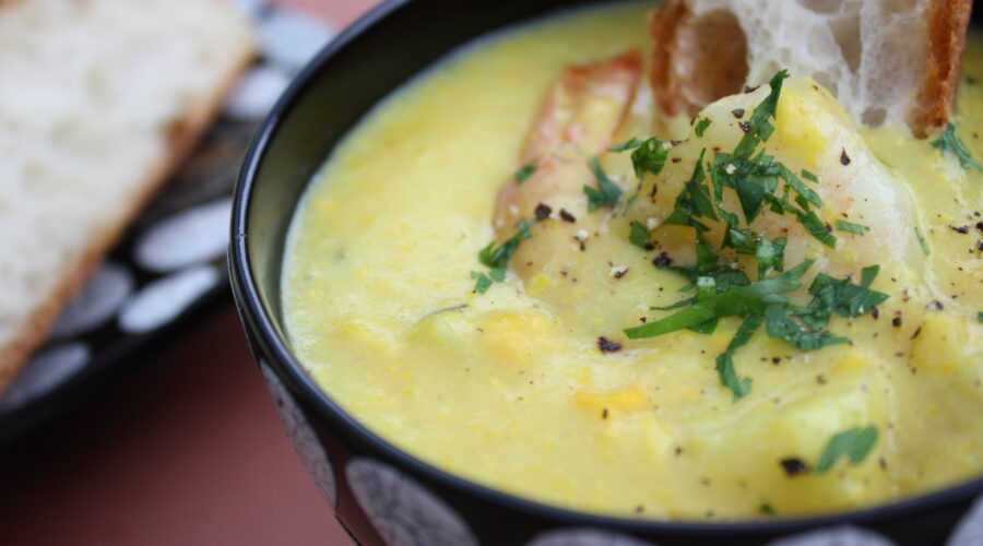 Corn chowder with prawns