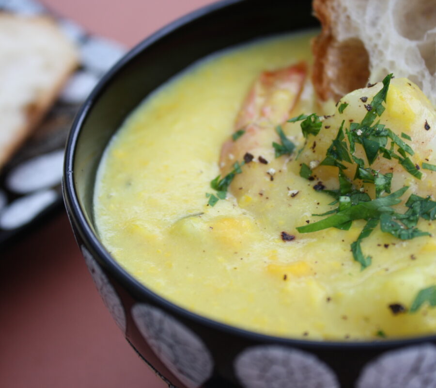 Corn chowder with prawns